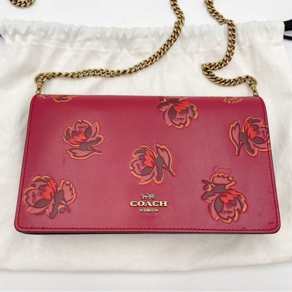 Coach Callie Foldover Chain Clutch With Floral Print Leather Red Apple - Picture 3 of 16